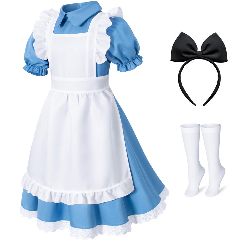 Irtysh Girl Blue Dress White Apron Halloween Cosplay Costume With Bow Hair Band Stockings Set(130) - Image 1